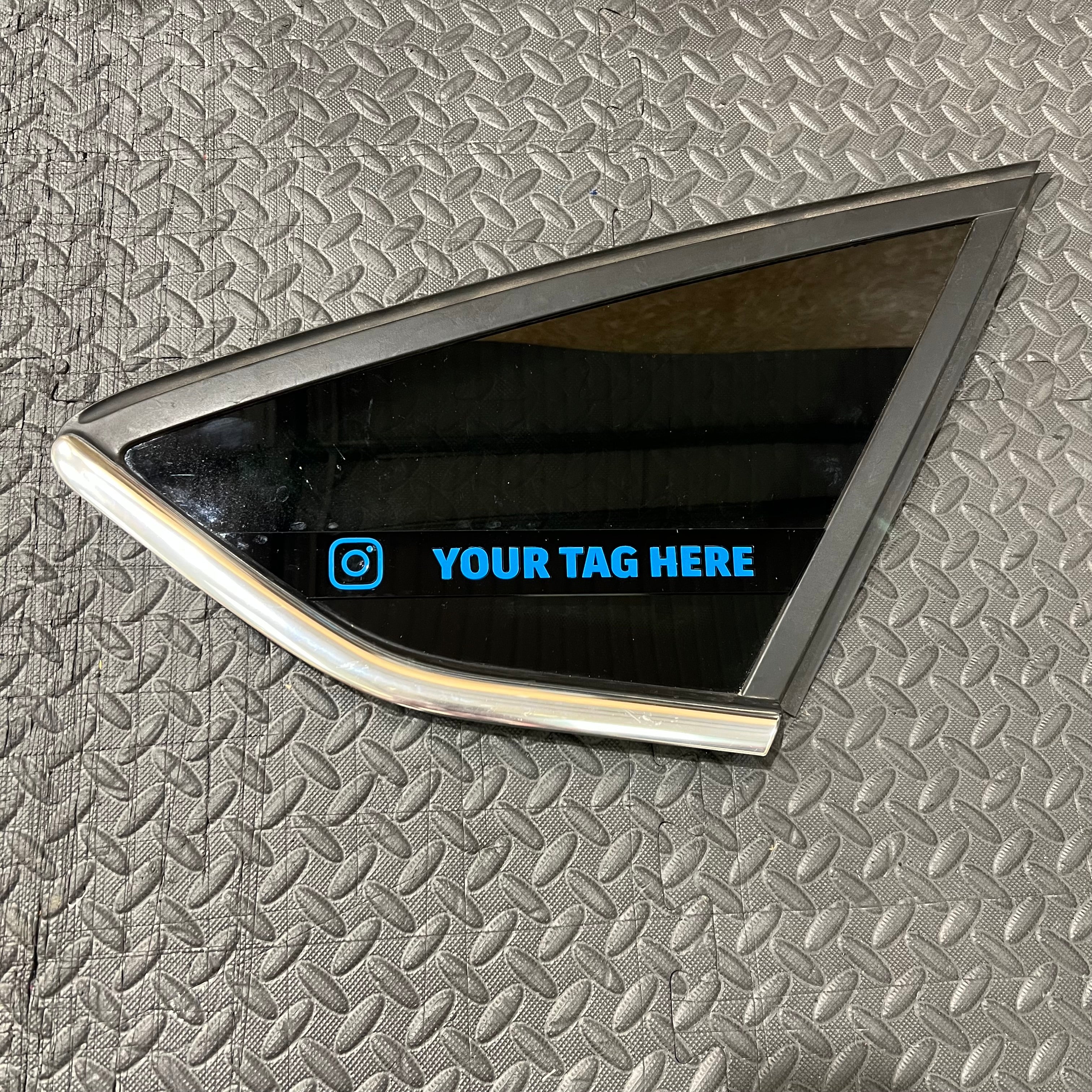 Proform 3D Acrylic Rear Quarter Window Art Banner With Bottom Alignment - Mk3/3.5 Focus - Gloss Black Surround With Light Blue Text Detail With Instagram Logo