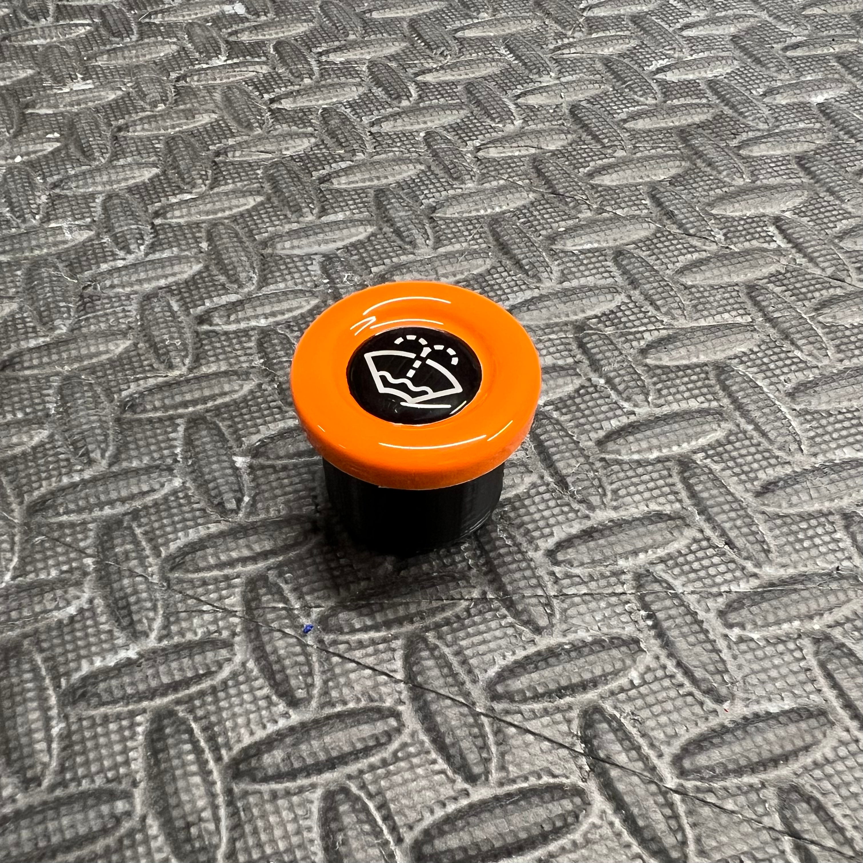 Washer Bottle Bung, Fits Multiple Ford Models - Gloss Orange Plastic With White Screenwash Logo Detailing