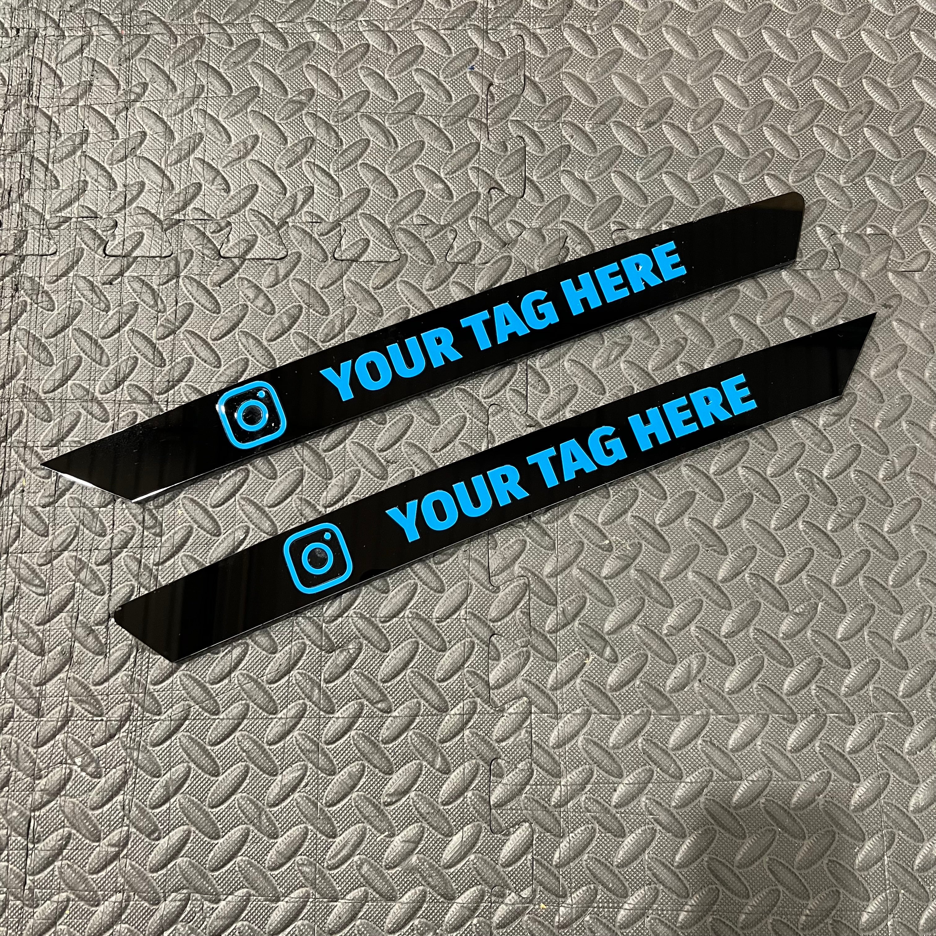 Proform 3D Acrylic Rear Quarter Window Art Banner With Top Alignment - Mk3/3.5 Focus - Gloss Black Surround With Light Blue Text Detail With Instagram Logo