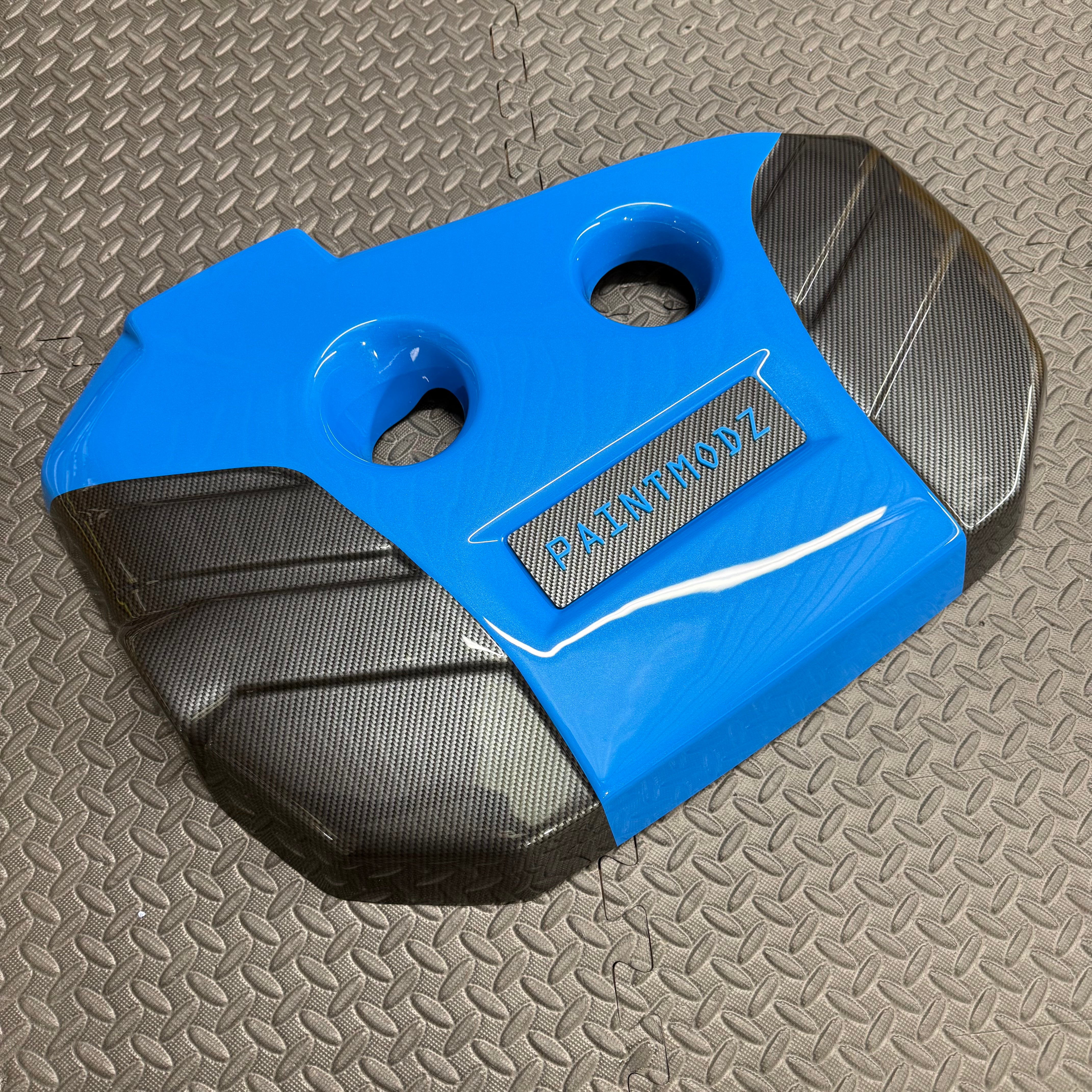 Proform Engine Cover - Mk3.5 Focus RS - Painted Nitro Blue, Deluxe Carbon Fibre Sides With Light Blue/Deluxe Carbon Fibre Effect Badge Plate