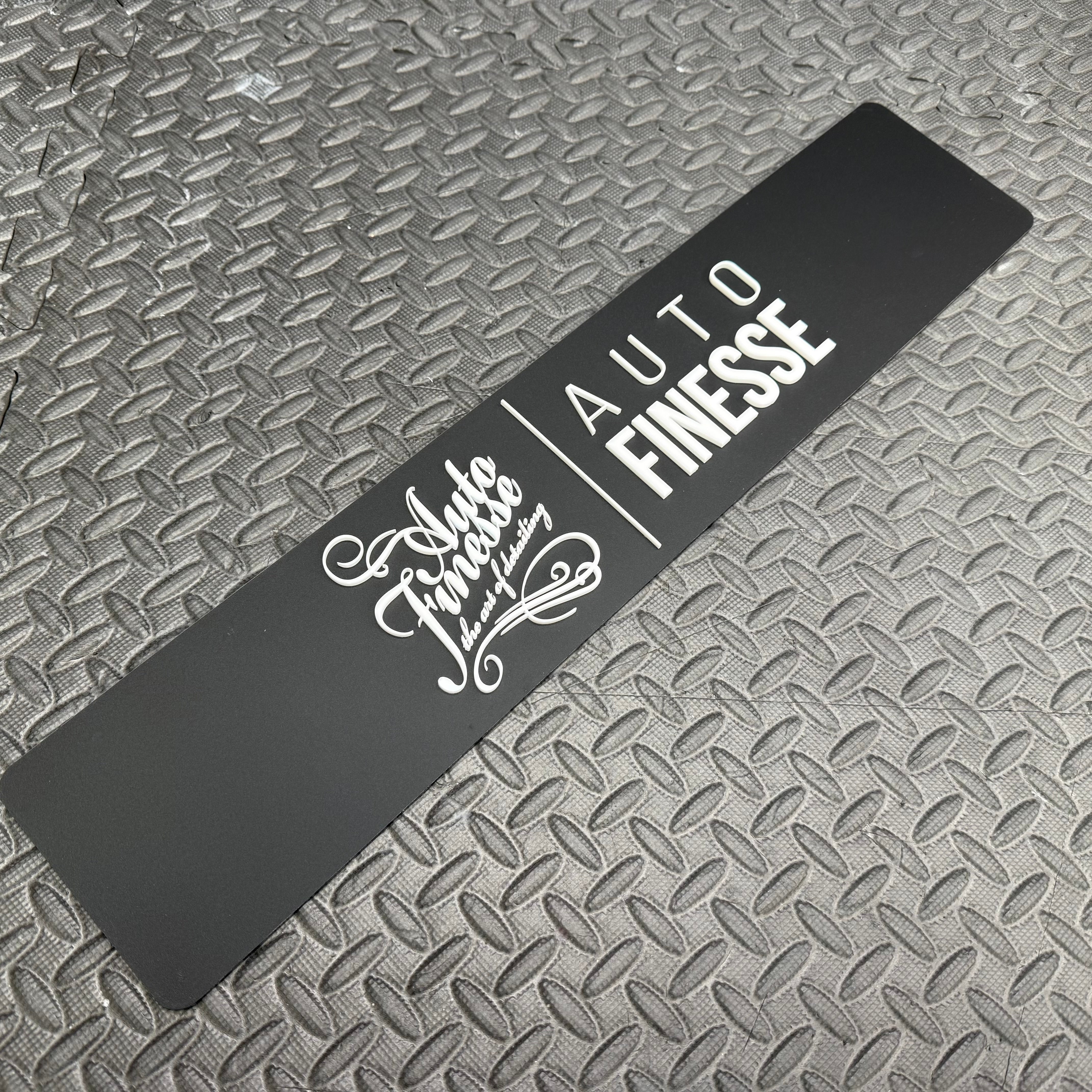 Vehicle Show Plates - Custom Designs - Satin Black Backing Plate with White Custom Logo and Text 