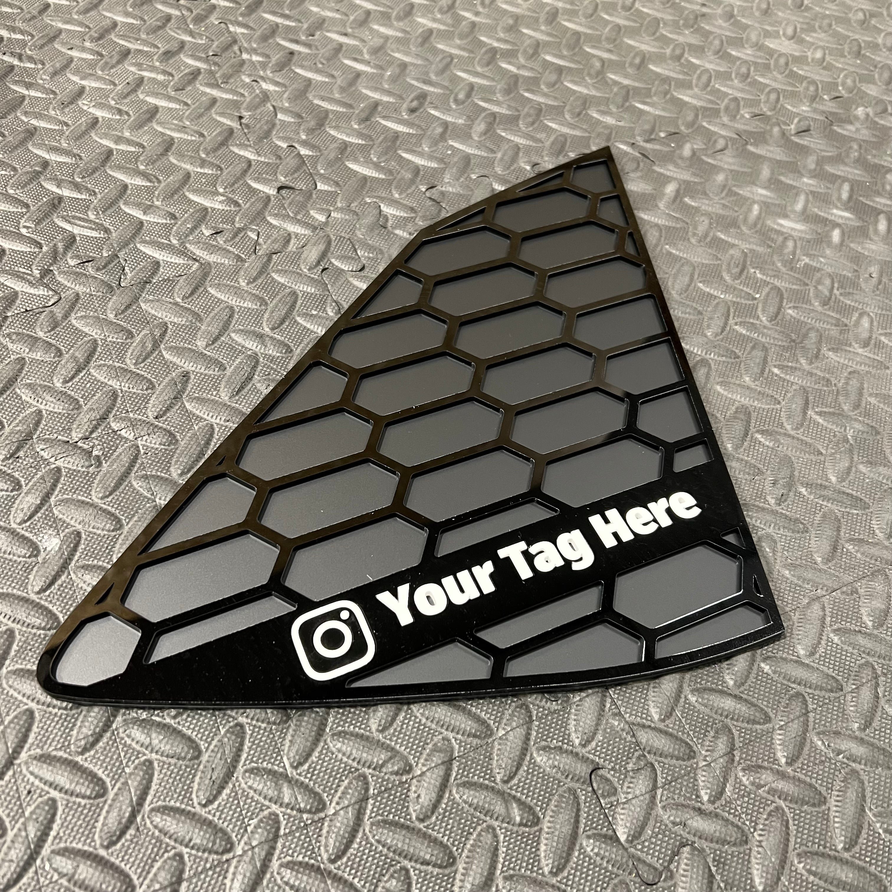 Proform Custom Social Media Tag Rear Quarter Window Inserts (Pair) - Hyundai i20 / i20N - Personal Instagram Tag - White Detail