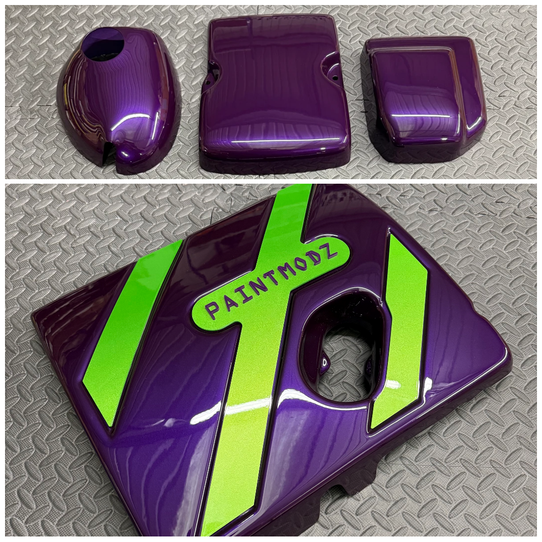 Custom Proform Small Engine Bay Dress Up Kit Bundle - Mk8/8.5 Fiesta ST & Mk2 Puma ST - Painted Purple Pearl With Mean Green Inserts and Dark Purple Acrylic Logo